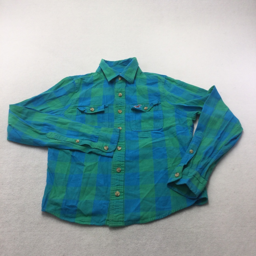 Hollister Shirt Mens Medium Green Blue Plaid Long Sleeve Button Up Casual